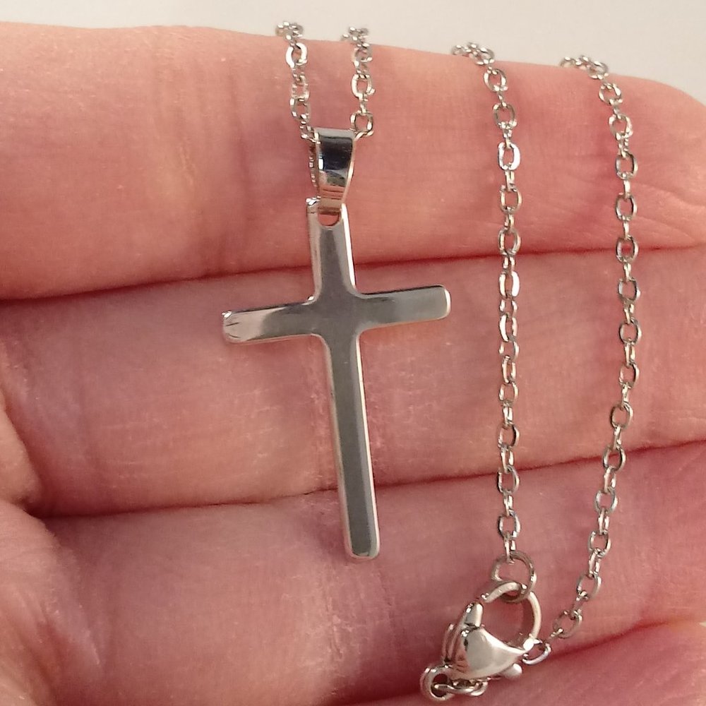 Silver Stainless Steel Smooth Cross Pendant Chain Necklace 18" Party Gift - Picture 4 of 4
